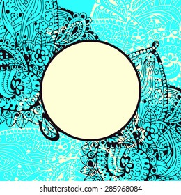 Greeting card design template. With doodle hand drawn background and circle frame for your text.