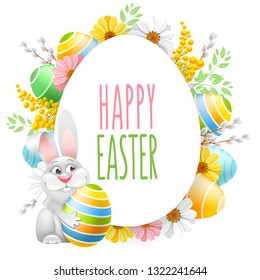 Greeting card design template for Easter holidays. Cute bunny, colored eggs and spring flowers create a festive cheerful mood. Vector illustration. Isolated on white background.