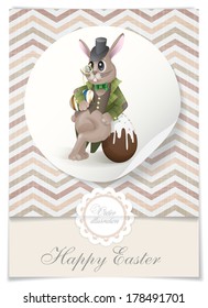 Greeting Card Design, Template. Easter Bunny With Chocolate Egg. Vector Illustration. Eps 10.