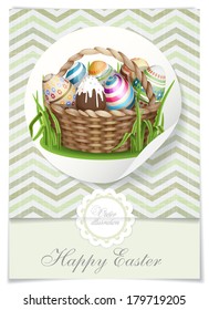 Greeting Card Design, Template. Easter Background With A Basket Full Easter Eggs. Vector Illustration. Eps 10.