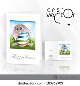 Greeting Card Design, Template. Easter Bunny With Colorful Egg. Vector Illustration. Eps 10.