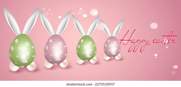 Greeting card design template, Easter banner. Spring shades in eggs and bunny ears.
