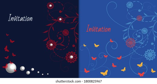 Greeting card design template. Flower card with butterflies. Floral card for greetings or invitations. Abstract vector flower background. Flower invitation, abstract elegant pattern. Vector.
