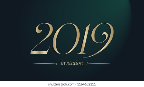 Greeting Card Design Template with Golden Number 2019. Luxury and Elegance Christmas Eve Invitation Card Design. Typographic Gold 2019 Year  Number on a Gradient Backgroud.​ Vector Illustration.