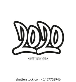 Greeting card design template with graffiti style calligraphy for 2020 happy new year. Black number 2020 hand drawn lettering.