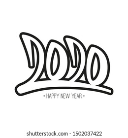 Greeting card design template with graffiti style calligraphy for 2020 happy new year. Black number 2020 hand drawn lettering.