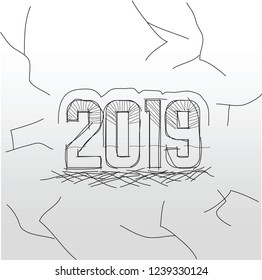 Greeting Card Design Template Hand Drawn For 2019 New Year. Vector Illustration EPS 10
