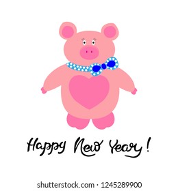Greeting card design template with hand written lettering for 2019 New Year of the pig. Symbol of the year in the Chinese calendar. Cartoon. Isolated. Vector illustration EPS 10 file.
