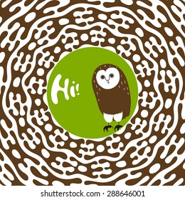 Greeting card design template. Hand-drawn cute animal character illustration. Owl saying hi