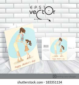 Greeting Card Design, Template. Little Daughter Gives Mom A Gift For Mother's Day. Vector Illustration. Eps 10.
