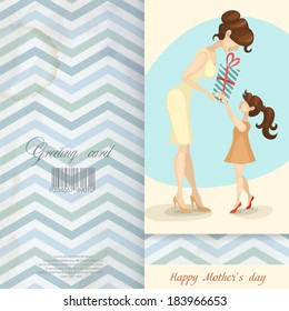 Greeting Card Design, Template. Little Daughter Gives Mom A Gift For Mother's Day. Vector Illustration. Eps 10.