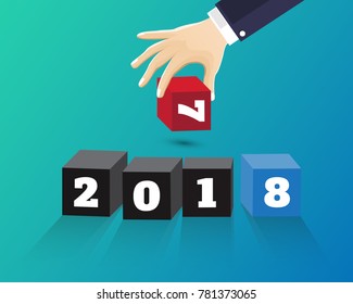 Greeting card design template with Modern Text for 2018 New Year of the Dog. Color number 2018 drawn lettering on colorful background. Vector illustration.
