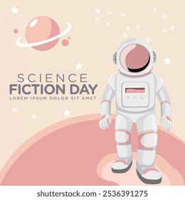 Greeting card design template for National Science Fiction Day. Immerse in futuristic visuals with this captivating vector illustration for Sci-Fi Celebration