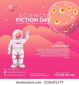 Greeting card design template for National Science Fiction Day. Immerse in futuristic visuals with this captivating vector illustration for Sci-Fi Celebration