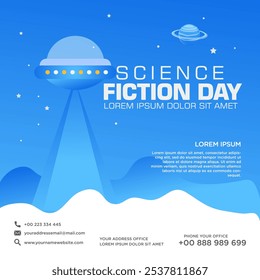 Modelo de cartão de saudação para o Dia Nacional da Ficção Científica. Mergulhe em imagens futuristas com esta cativante ilustração vetorial para a celebração de ficção científica