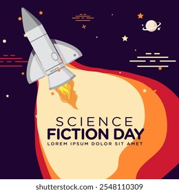 Greeting card design template for National Science Fiction Day. Immerse in futuristic visuals with this captivating vector illustration for Sci-Fi Celebration