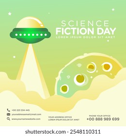 Greeting card design template for National Science Fiction Day. Immerse in futuristic visuals with this captivating vector illustration for Sci-Fi Celebration