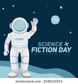 Greeting card design template for National Science Fiction Day. Immerse in futuristic visuals with this captivating vector illustration for Sci-Fi Celebration