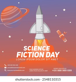 Greeting card design template for National Science Fiction Day. Immerse in futuristic visuals with this captivating vector illustration for Sci-Fi Celebration