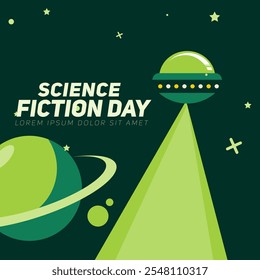 Greeting card design template for National Science Fiction Day. Immerse in futuristic visuals with this captivating vector illustration for Sci-Fi Celebration