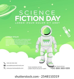 Greeting card design template for National Science Fiction Day. Immerse in futuristic visuals with this captivating vector illustration for Sci-Fi Celebration