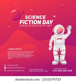 Greeting card design template for National Science Fiction Day. Immerse in futuristic visuals with this captivating vector illustration for Sci-Fi Celebration