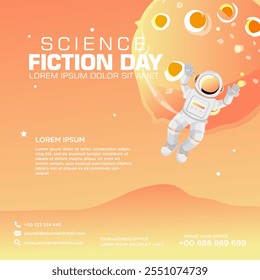 Greeting card design template for National Science Fiction Day. Immerse in futuristic visuals with this captivating vector illustration for Sci-Fi Celebration