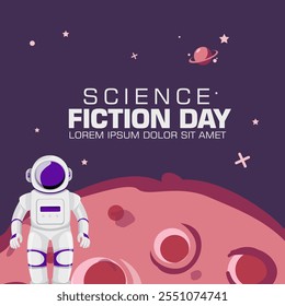 Greeting card design template for National Science Fiction Day. Immerse in futuristic visuals with this captivating vector illustration for Sci-Fi Celebration