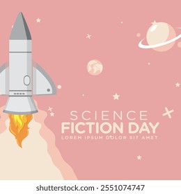 Greeting card design template for National Science Fiction Day. Immerse in futuristic visuals with this captivating vector illustration for Sci-Fi Celebration