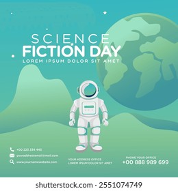 Greeting card design template for National Science Fiction Day. Immerse in futuristic visuals with this captivating vector illustration for Sci-Fi Celebration