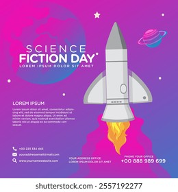 Greeting card design template for National Science Fiction Day. Immerse in futuristic visuals with this captivating vector illustration for Sci-Fi Celebration