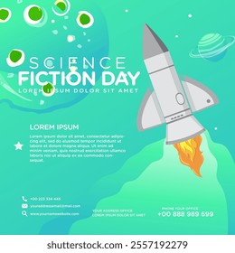 Greeting card design template for National Science Fiction Day. Immerse in futuristic visuals with this captivating vector illustration for Sci-Fi Celebration