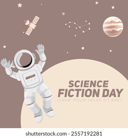 Greeting card design template for National Science Fiction Day. Immerse in futuristic visuals with this captivating vector illustration for Sci-Fi Celebration