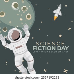 Greeting card design template for National Science Fiction Day. Immerse in futuristic visuals with this captivating vector illustration for Sci-Fi Celebration