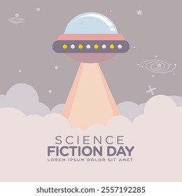 Greeting card design template for National Science Fiction Day. Immerse in futuristic visuals with this captivating vector illustration for Sci-Fi Celebration