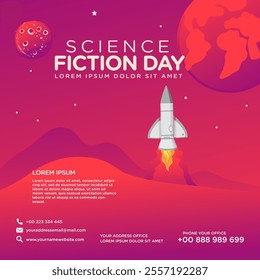 Greeting card design template for National Science Fiction Day. Immerse in futuristic visuals with this captivating vector illustration for Sci-Fi Celebration