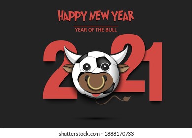 Greeting card design template with for New year 2021 of the bull. Soccer ball made in the form of a cow. 2021 and muzzle bull in the form of a soccer ball. Vector illustration