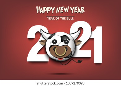 Greeting card design template with for New year 2021 of the bull. Soccer ball made in the form of a cow. 2021 and muzzle bull in the form of a soccer ball. Vector illustration