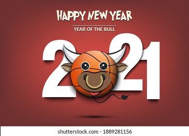 Greeting card design template with for New year 2021 of the bull. Basketball  ball made in the form of a cow. 2021 and muzzle bull in the form of a basketball  ball. Vector illustration