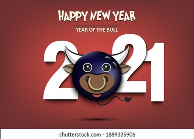 Greeting card design template with for New year 2021 of the bull. Bowling ball made in the form of a cow. 2021 and muzzle bull in the form of a Bowling  ball. Vector illustration