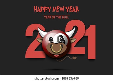 Greeting card design template with for New year 2021 of the bull. Billiard ball made in the form of a cow. 2021 and muzzle bull in the form of a billiard ball. Vector illustration