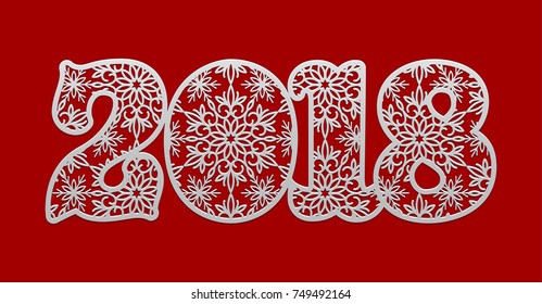 Greeting card design template with snowflake pattern for 2018 New Year. Number 2018 on red background for laser cutting. Vector illustration. Cutout paperwork. Laser cut metal panel. Wood carving.