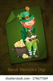 Greeting Card Design, Template. St. Patrick's Day. Leprechaun With Pot Of Gold. Vector Illustration. Eps 10.