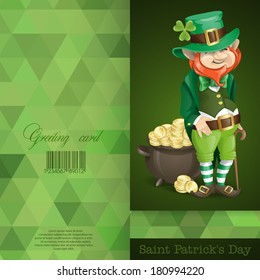Greeting Card Design, Template. St. Patrick's Day. Leprechaun With Pot Of Gold. Vector Illustration. Eps 10.