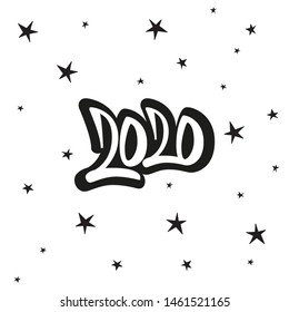 Greeting card design template with star and calligraphy for 2020 happy new year. Black number 2020 hand drawn lettering.
