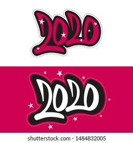 Greeting card design template with star and calligraphy for 2020 happy new year. Black number 2020 hand drawn lettering.