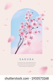 Greeting card design template. Vector illustration of realistic blossoming sakura flowers on blue sky background