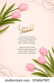 Greeting card design template. Vector illustration of realistic tulips and golden elements. Floral background for poster, cover, booklets, wedding invitation