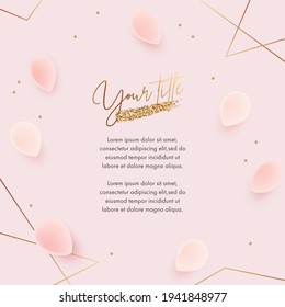 Greeting card design template. Vector illustration of realistic tulip petals and golden elements. Floral background for poster, cover, booklets, wedding invitation