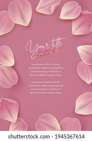 Greeting card design template. Vector illustration of realistic pink tulip or rose petals. Floral background for poster, cover, booklets, wedding invitation